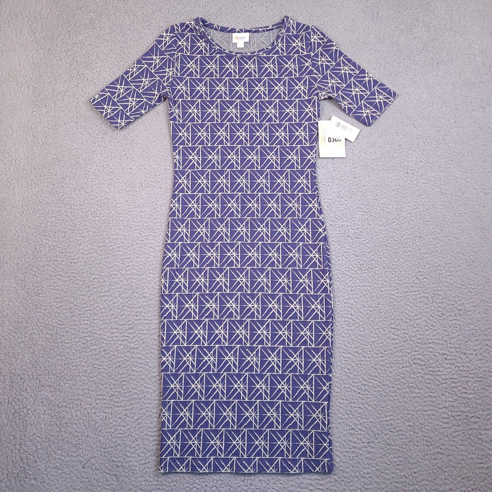 LuLaRoe Julia Dress XXS Blue Geometric Starburst Sheath Short Sleeve Midi NWT